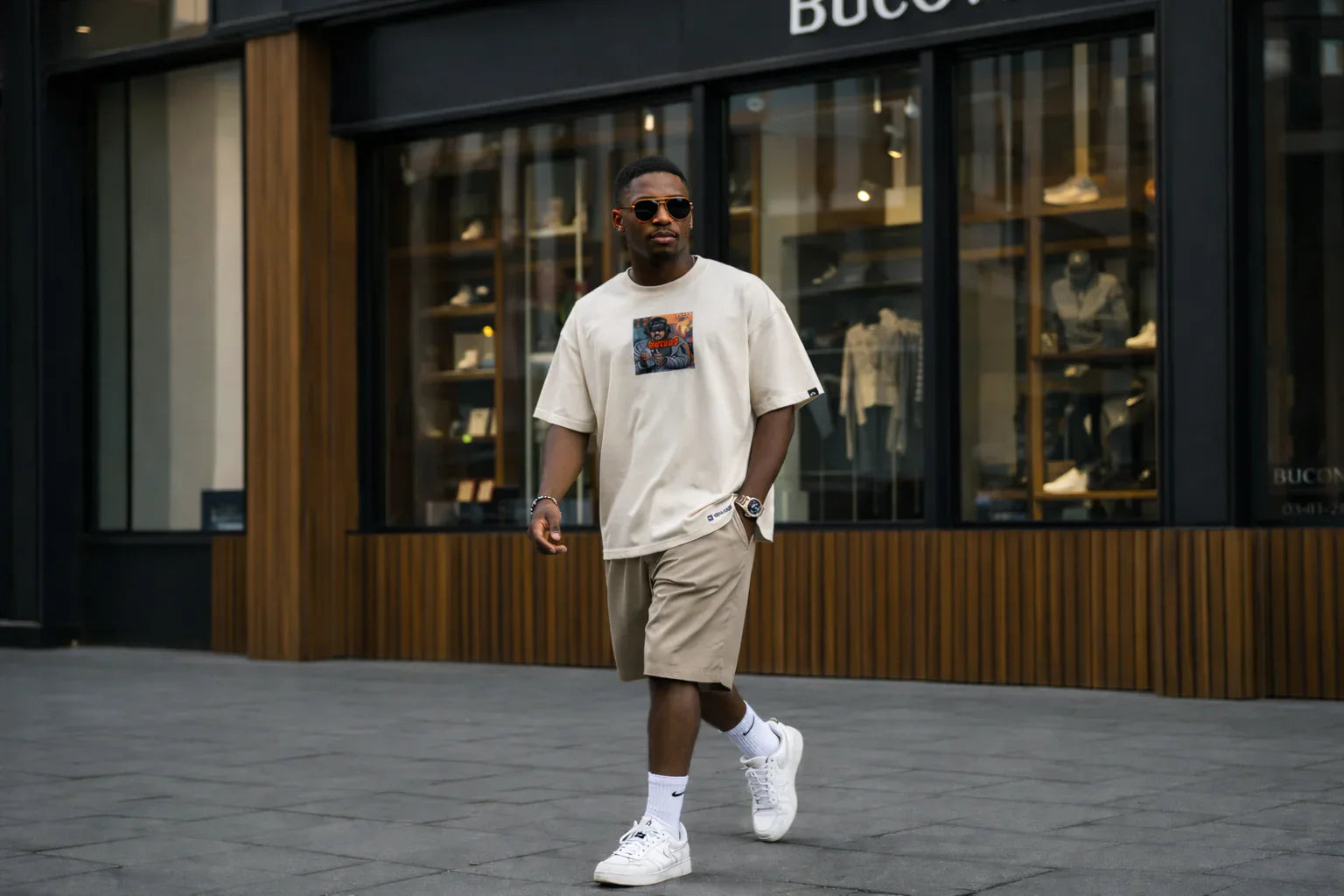 look camiseta oversized masculina bege com bermuda e tenis branco