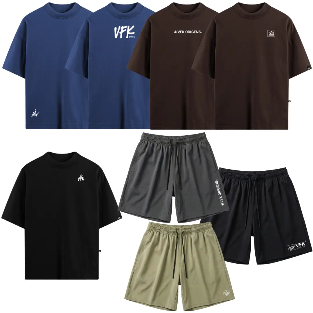 Kit Imortal 5 Camisetas Oversized VFK + 3 Shorts Performance
