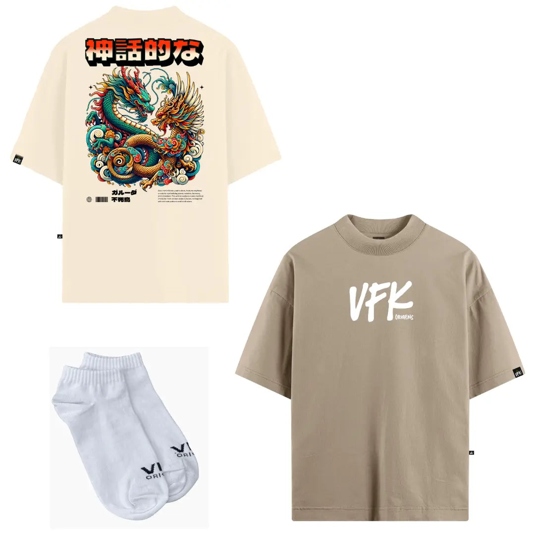 Kit Origem 2 Camisetas Oversized VFK + 1 Par de Meias