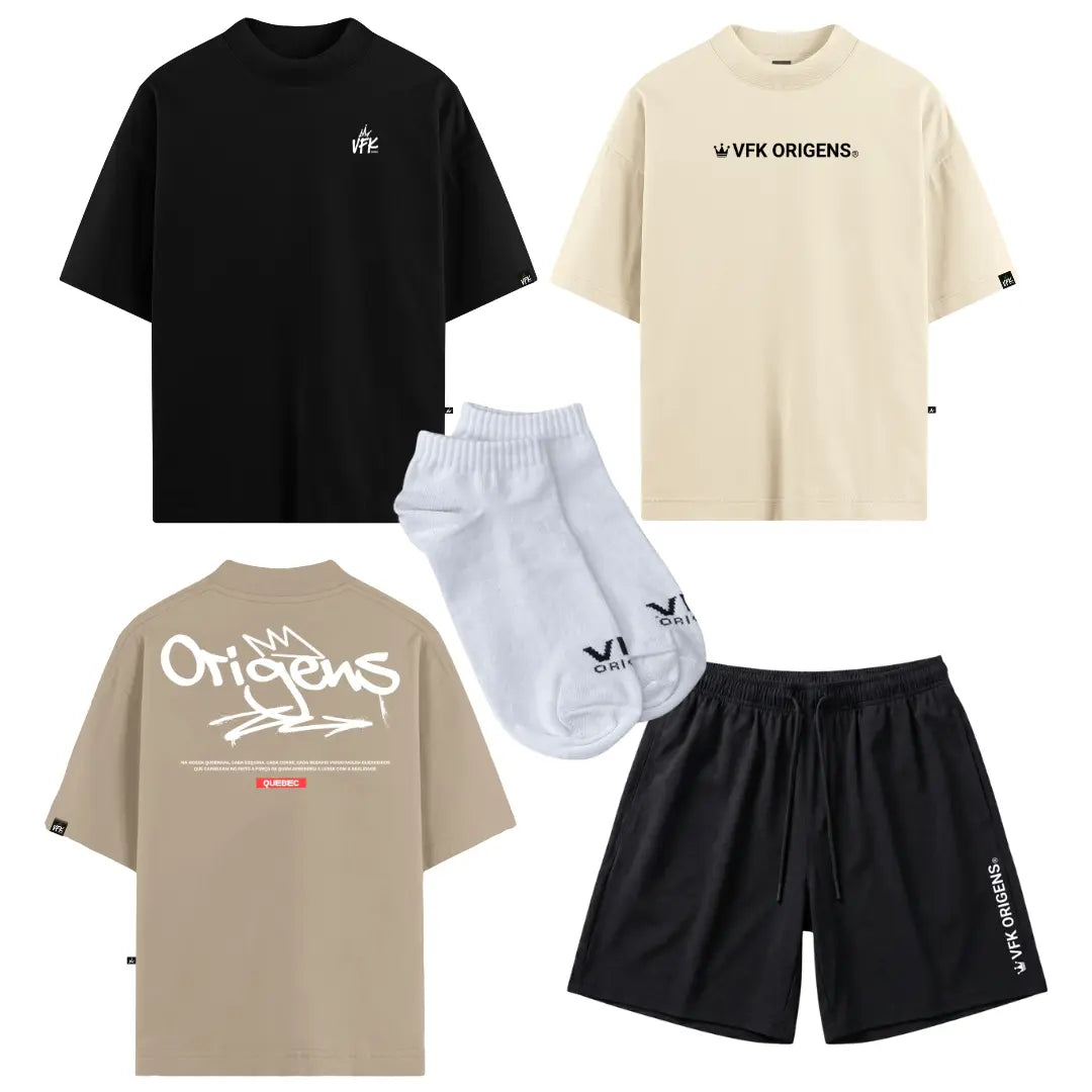 Kit Jornada 3 Camisetas Oversized VFK + 1 Shorts Performance + 1 Meia